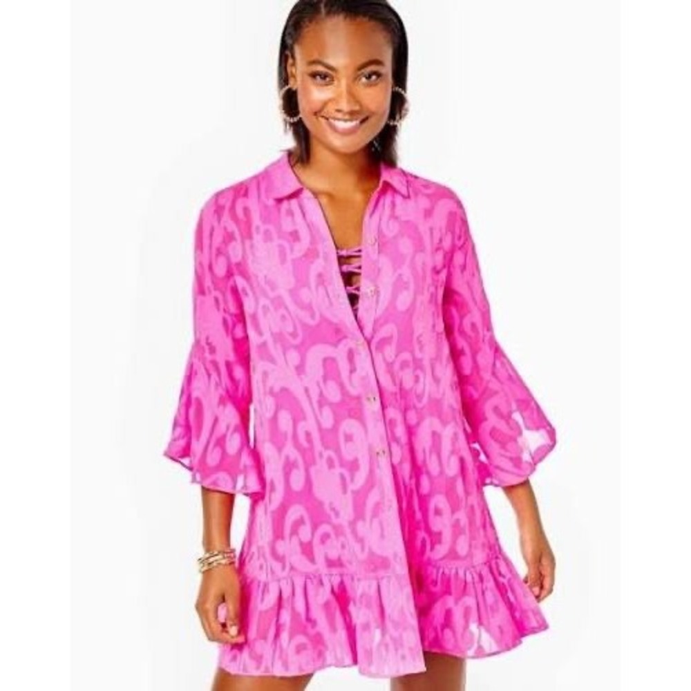 Lilly Pulitzer Linley Coverup Women L Pink Poly Crepe Swirl Clip Bell Sleeve New